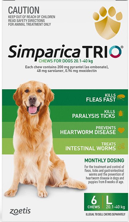 Simparica TRIO for Large Dogs - 44 - 88 lbs - GREEN - 6 tablets - $111.